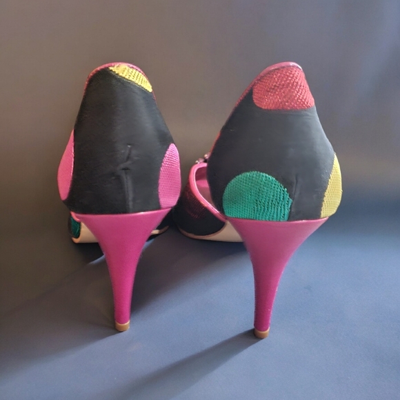 Black Fabric Polka-dot Open Toe Heels - Picture 4 of 6